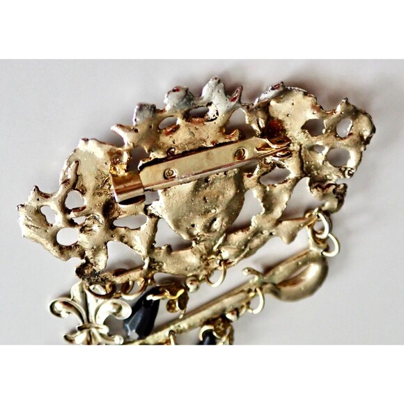 Edwardian Coat of Arms Hanging Fluer de Lei Sward Jet Cross Bead Brooch C Catch - Picture 5 of 12